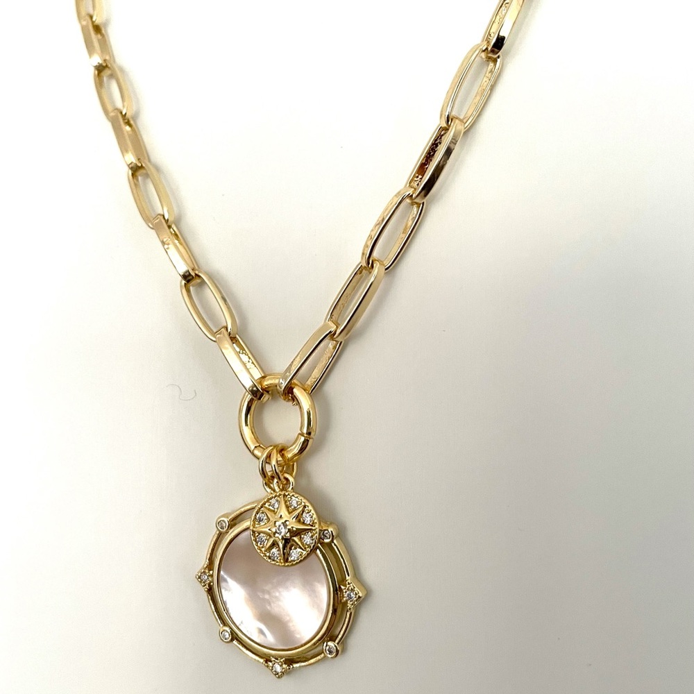 18k Gold Filled Paperclip Chain Necklace Shell Pearl Pendant Charm Holder